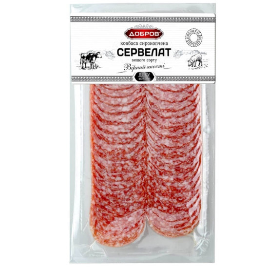 Нарізка Сервелат с/к в/с (упаковка 0,08) ТМ Добров